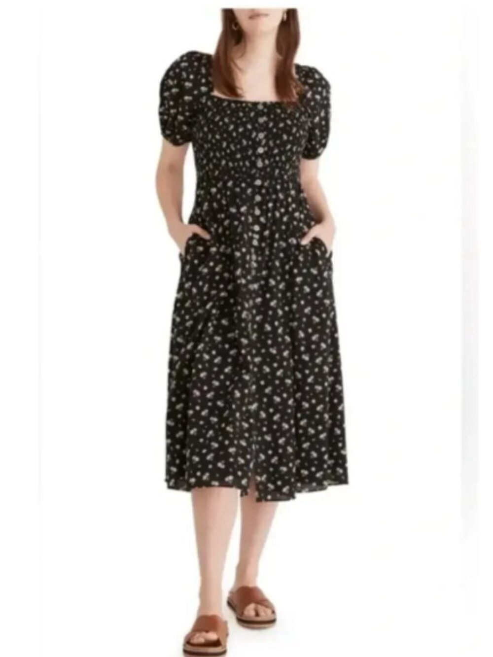 Madewell Smocked Square Neck Cotton Blend Dress Ditsy Floral True Black Midi